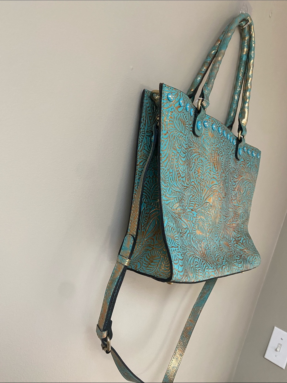 PATRICIA NASH Zancona Tooled Turquoise Leather Tote Bag Teal green Floral - Picture 5 of 9